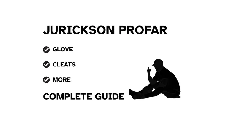 A graphic for the complete guide to Jurickson Profar's baseball gear, featuring his name, a silhouette of him batting, and a checklist including his glove and cleats.