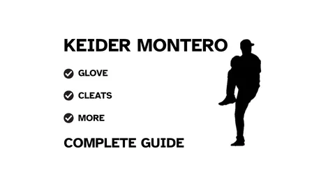 A graphic for the complete guide to Keider Montero's baseball gear, featuring his name, a silhouette of him pitching, and a checklist including his glove and cleats.