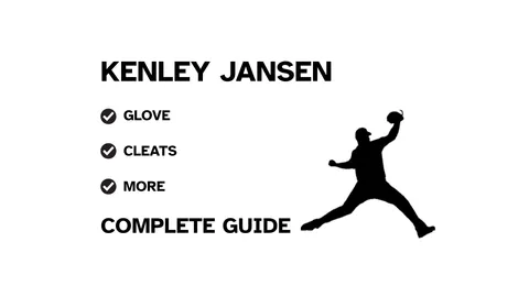 A graphic for the complete guide to Kenley Jansen's baseball gear, featuring his name, a silhouette of him pitching, and a checklist including his glove and cleats.