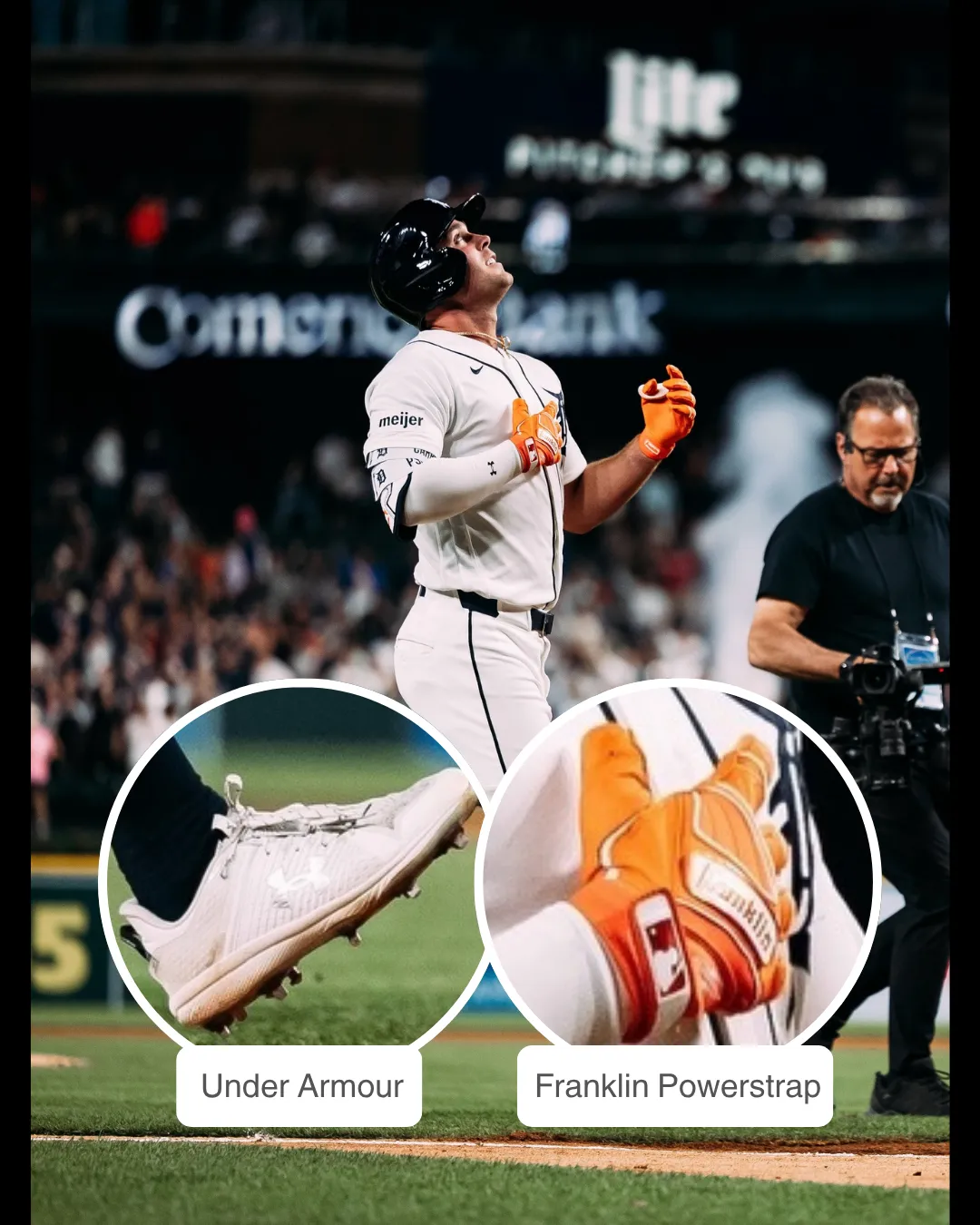 Kerry Carpenter showcasing his batting gloves and cleats