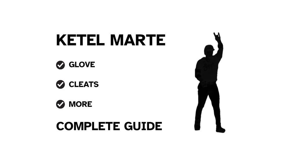 A graphic for the complete guide to Ketel Marte's baseball gear, featuring his name, a silhouette of him batting, and a checklist including his glove and cleats.