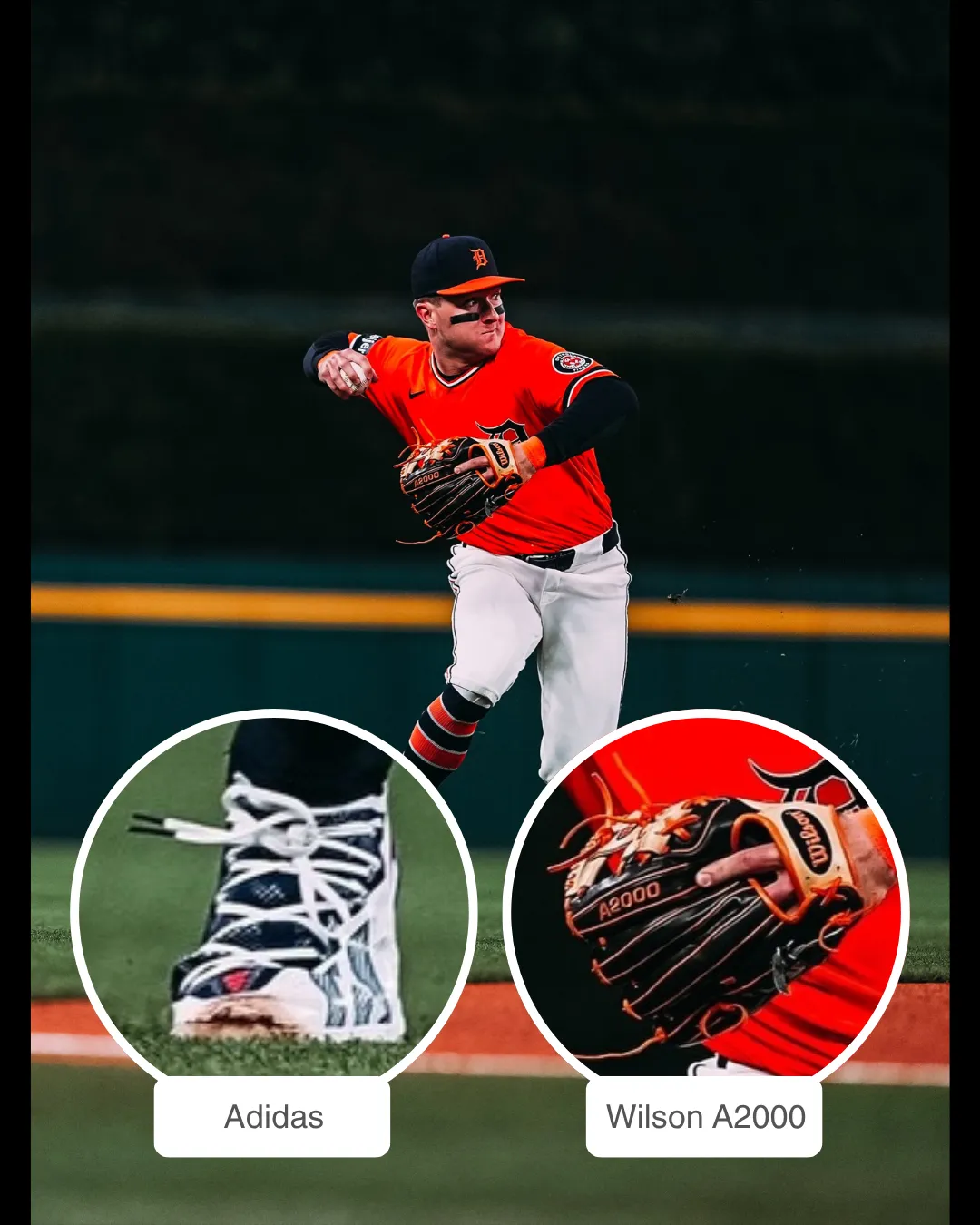 Kevin McGonigle showcasing his Wilson glove and Adidas cleats