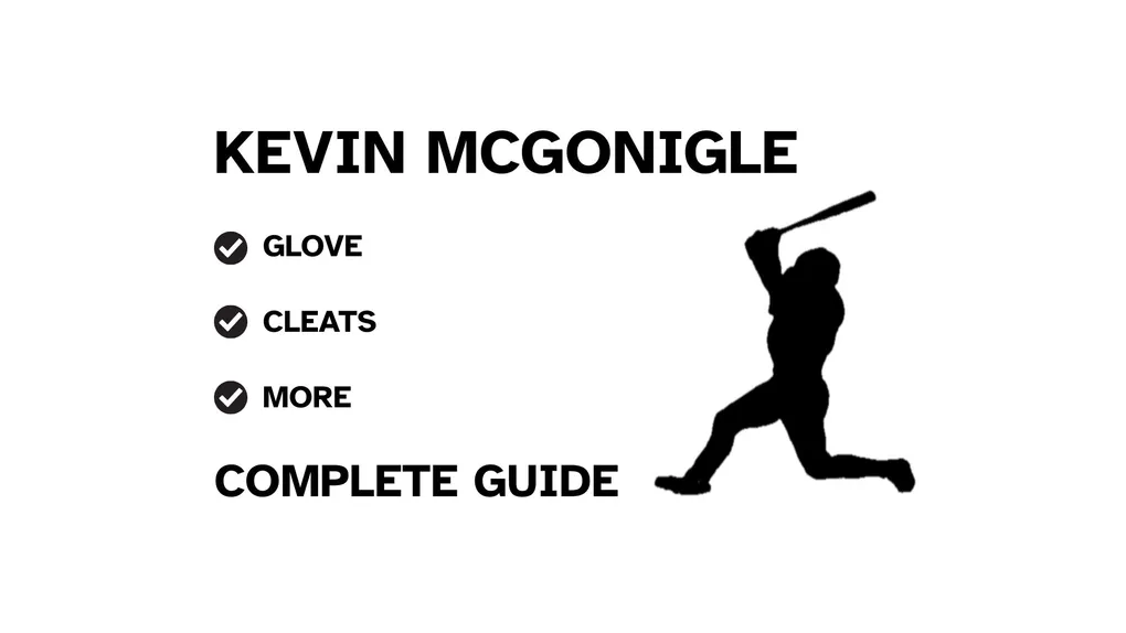 A graphic for the complete guide to Kevin McGonigle's baseball gear, featuring his name, a silhouette of him batting, and a checklist including his glove and cleats.