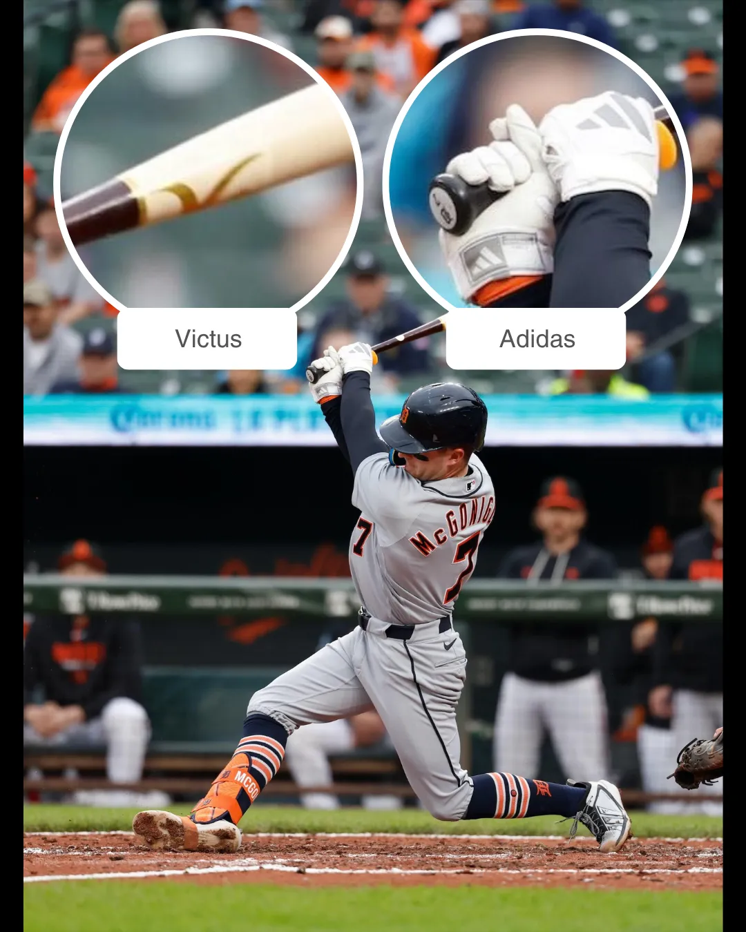 Kevin McGonigle showcasing his Victus bat and Adidas batting gloves