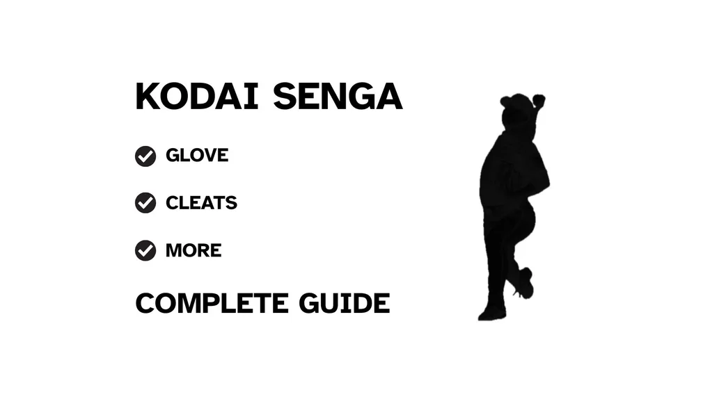 A graphic for the complete guide to Kodai Senga's baseball gear, featuring his name, a silhouette of him pitching, and a checklist including his glove and cleats.