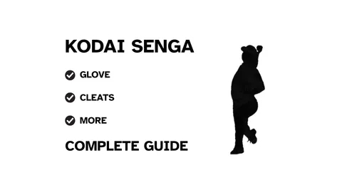 A graphic for the complete guide to Kodai Senga's baseball gear, featuring his name, a silhouette of him pitching, and a checklist including his glove and cleats.