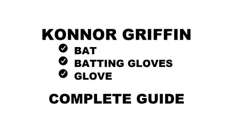 A graphic for the complete guide to Konnor Griffin's baseball gear, featuring his name and a checklist including his bat, glove, and batting gloves.