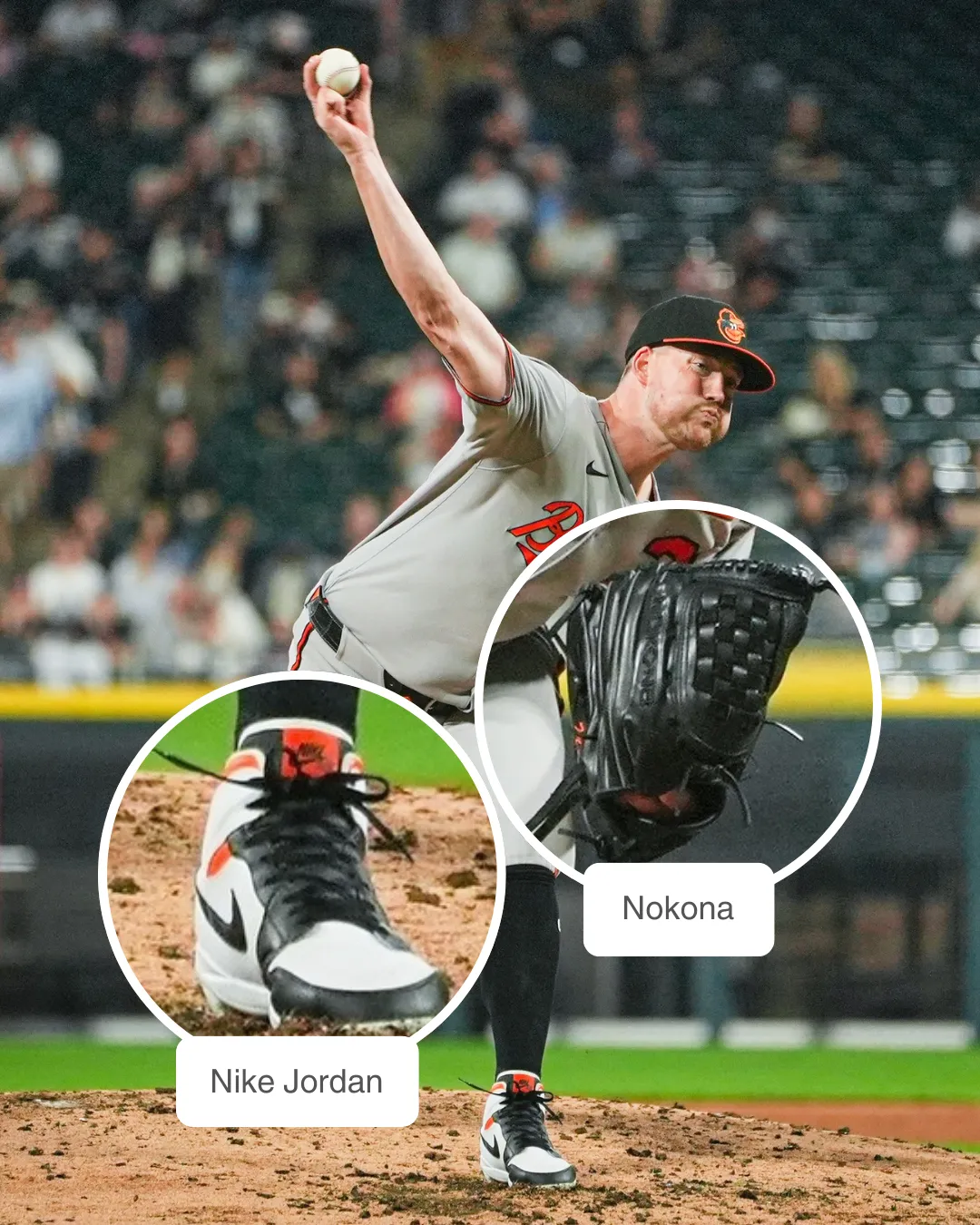 Kyle Bradish wearing Nokona glove and Nike Jordan 1 cleats