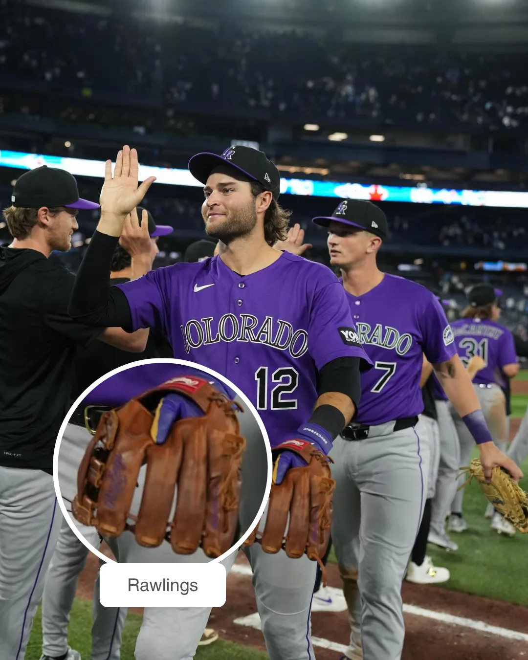 Kyle Karros showcasing his Rawlings glove and Sketchers cleats