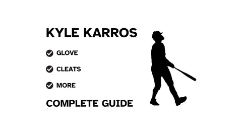 A graphic for the complete guide to Kyle Karros's baseball gear, featuring his name, a silhouette of him batting, and a checklist including his glove and cleats.