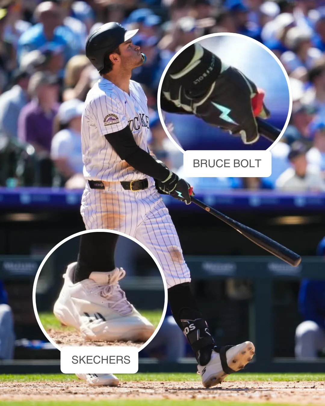Kyle Karros showcasing his Bruce Bolt batting gloves and Evoshield leg guard