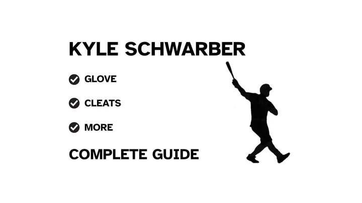 A graphic for the complete guide to Kyle Schwarber's baseball gear, featuring his name, a silhouette of him batting, and a checklist including his glove and cleats.