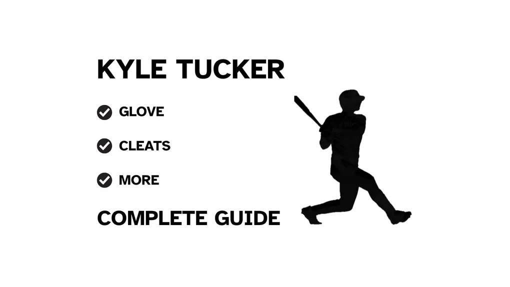 A graphic for the complete guide to Kyle Tucker's baseball gear, featuring his name, a silhouette of him batting, and a checklist including his glove and cleats.