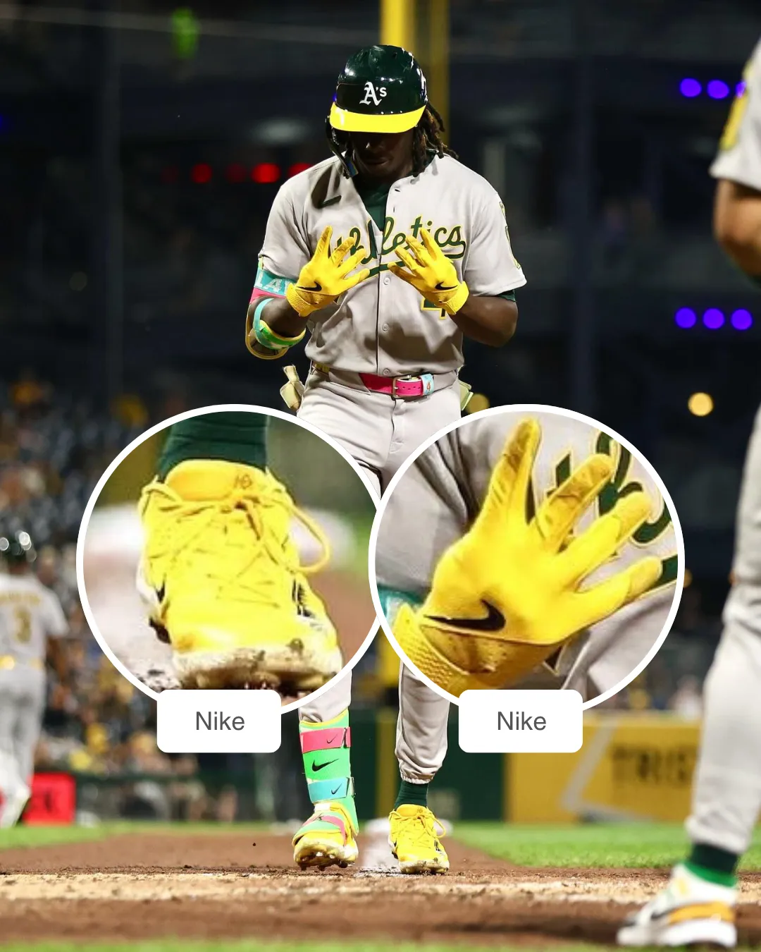 Lawrence Butler showcasing his Nike batting gloves and Leg guard