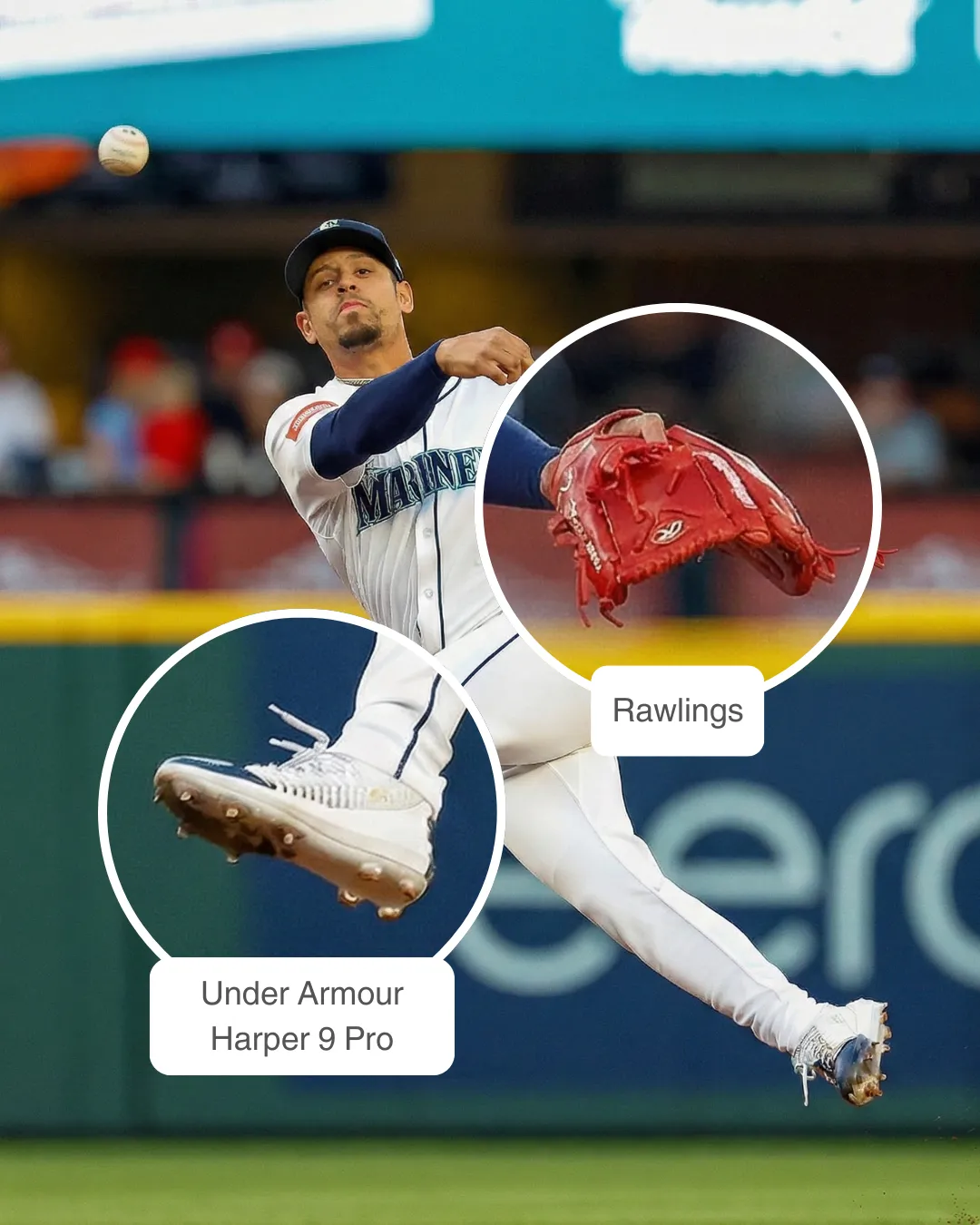 Leo Rivas fielding with Rawlings glove and wearing Under Armour cleats