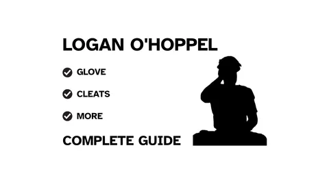 A graphic for the complete guide to Logan O'Hoppe's baseball gear, featuring his name, a silhouette of him catching, and a checklist including his glove and cleats.