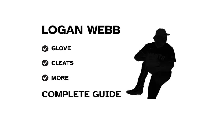 A graphic for the complete guide to Logan Webb's baseball gear, featuring his name, a silhouette of him pitching, and a checklist including his glove and cleats.