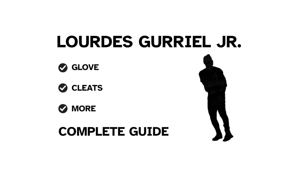 A graphic for the complete guide to Lourdes Gurriel Jr.'s baseball gear, featuring his name, a silhouette of him batting, and a checklist including his glove and cleats.