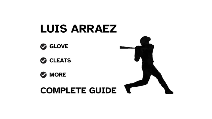 A graphic for the complete guide to Luis Arraez's baseball gear, featuring his name, a silhouette of him batting, and a checklist including his glove and cleats.