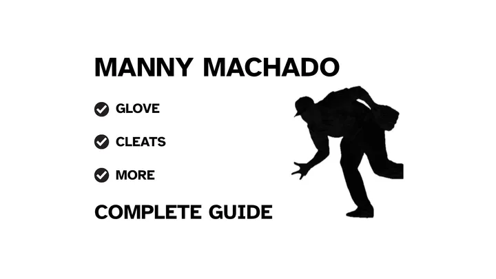 A graphic for the complete guide to Manny Machado's baseball gear, featuring his name, a silhouette of him batting, and a checklist including his glove and cleats.