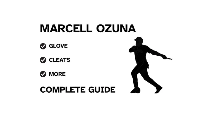 A graphic for the complete guide to Marcell Ozuna's baseball gear, featuring his name, a silhouette of him batting, and a checklist including his glove and cleats.