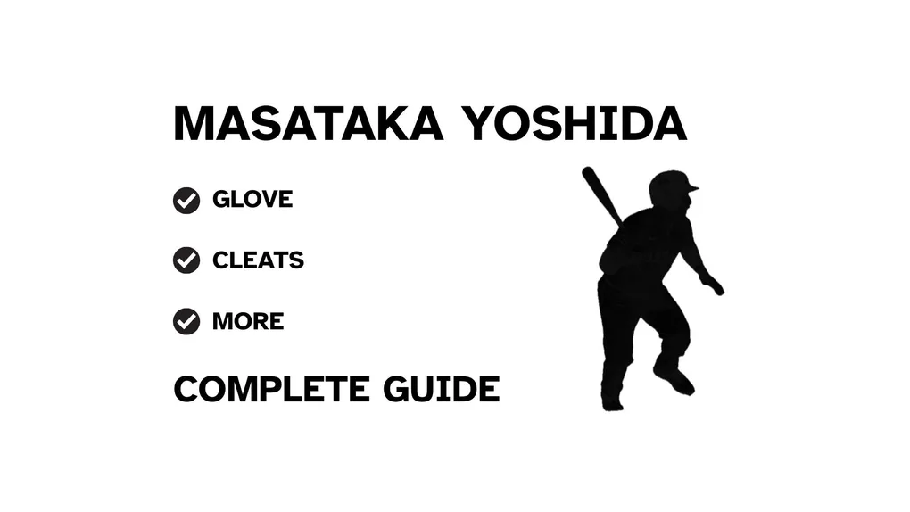 A graphic for the complete guide to Masataka Yoshida's baseball gear, featuring his name, a silhouette of him batting, and a checklist including his bat and cleats.