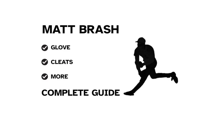 A graphic for the complete guide to Matt Brash's baseball gear, featuring his name, a silhouette of him pitching, and a checklist including his glove and cleats.