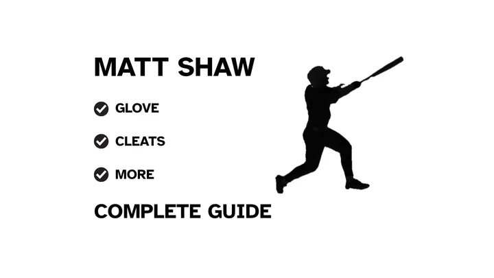 A graphic for the complete guide to Matt Shaw's baseball gear, featuring his name, a silhouette of him batting, and a checklist including his glove and cleats.