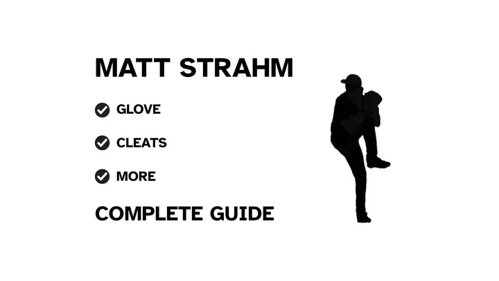A graphic for the complete guide to Matt Strahm's baseball gear, featuring his name, a silhouette of him pitching, and a checklist including his glove and cleats.