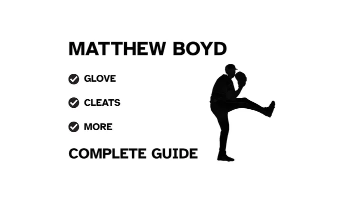 A graphic for the complete guide to Matthew Boyd's baseball gear, featuring his name, a silhouette of him pitching, and a checklist including his glove and cleats.