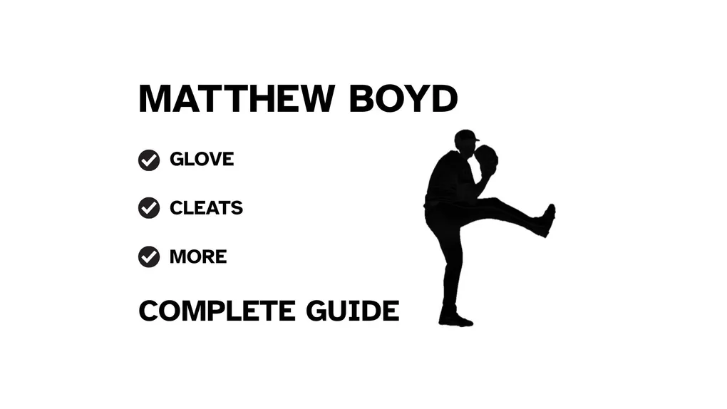 A graphic for the complete guide to Matthew Boyd's baseball gear, featuring his name, a silhouette of him pitching, and a checklist including his glove and cleats.