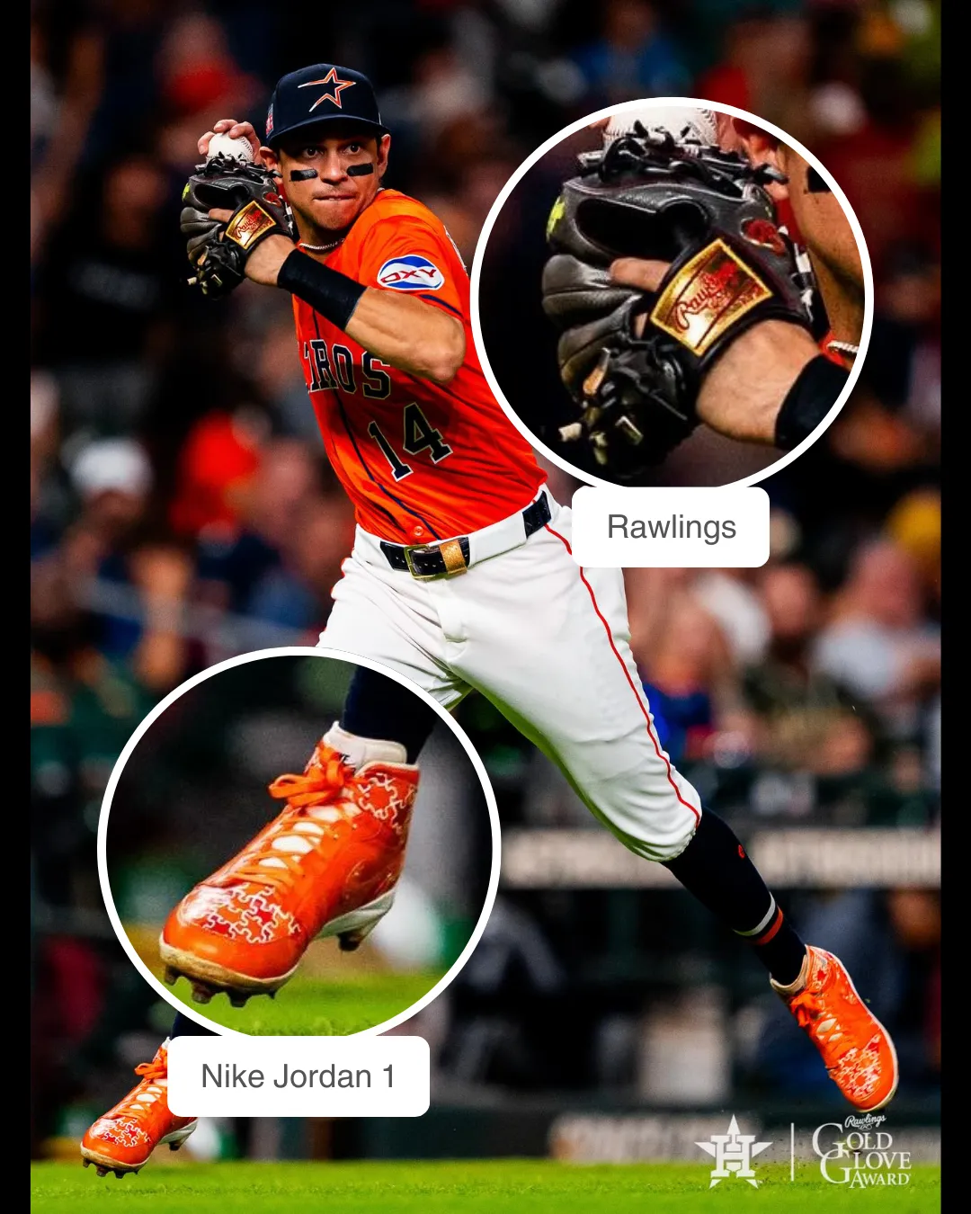 Mauricio Dubón showcasing his Jordan 1 cleats and Rawlings glove