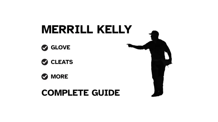 A graphic for the complete guide to Merrill Kelly's baseball gear, featuring his name, a silhouette of him pitching, and a checklist including his glove and cleats.