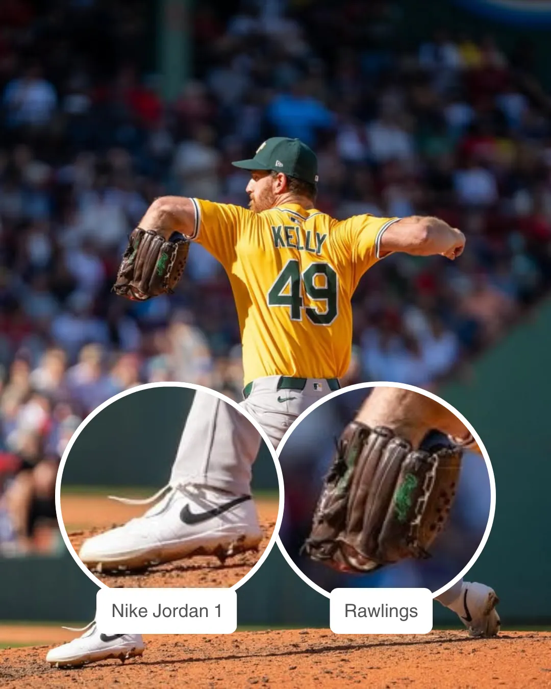 Michael Kelly showcasing his Rawlings glove and Nike Jordan 1 cleats