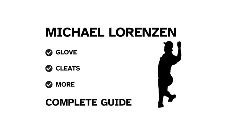 A graphic for the complete guide to Michael Lorenzen's baseball gear, featuring his name, a silhouette, and a checklist including his glove and cleats.