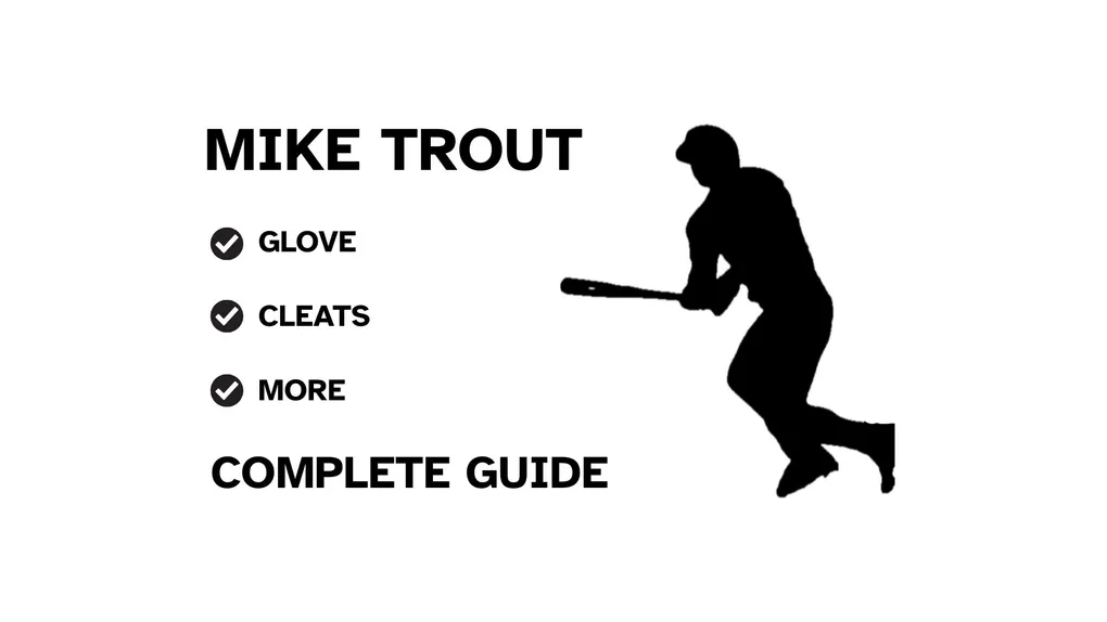 A graphic for the complete guide to Mike Trout's baseball gear, featuring his name, a silhouette of him fielding, and a checklist including his glove and cleats.