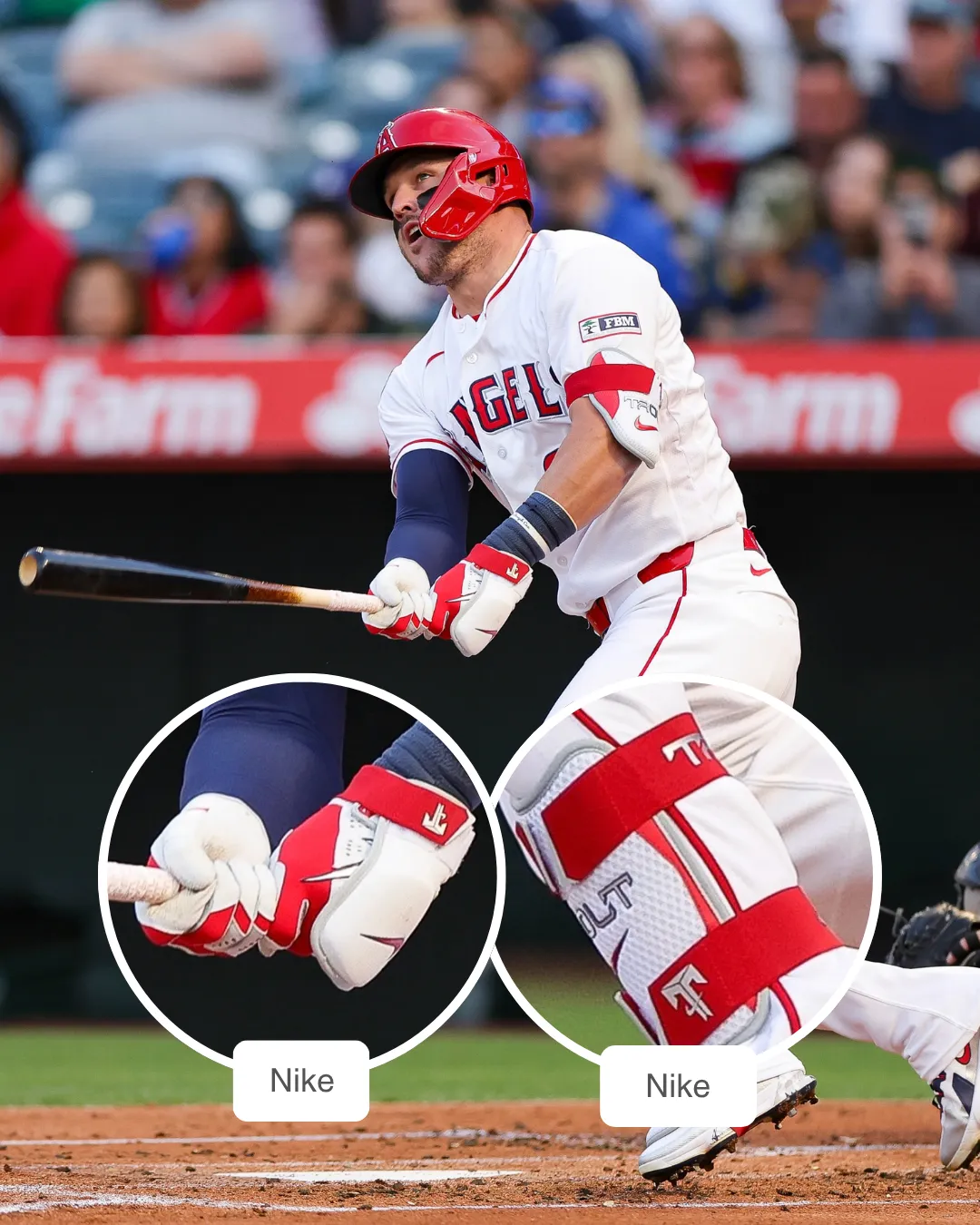 Mike Trout showcasing his Nike batting glove and guards