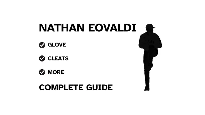A graphic for the complete guide to Nathan Eovaldi's baseball gear, featuring his name, a silhouette of him pitching, and a checklist including his glove and cleats.