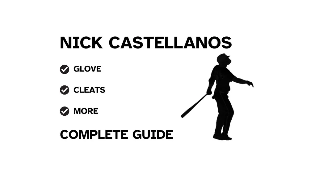 A graphic for the complete guide to Nick Castellanos's baseball gear, featuring his name, a silhouette of him batting, and a checklist including his glove and cleats.