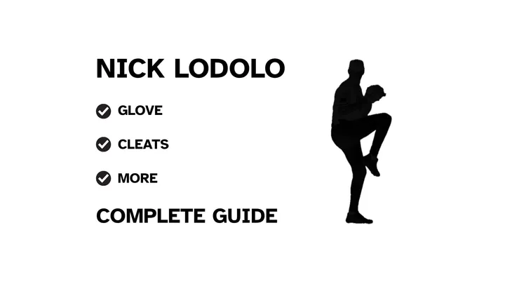 A graphic for the complete guide to Nick Lodolo's baseball gear, featuring his name and a silhouette of him pitching.