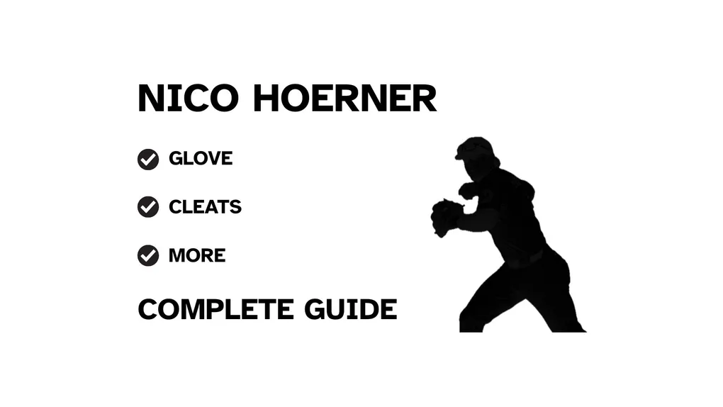 A graphic for the complete guide to Nico Hoerner's baseball gear, featuring his name, a silhouette of him batting, and a checklist including his glove and cleats.