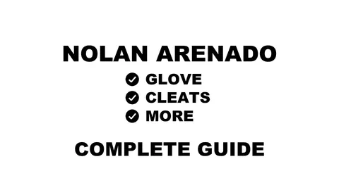 A graphic for the complete guide to Nolan Arenado's baseball gear, featuring his name and a checklist including his glove, cleats, and bat.