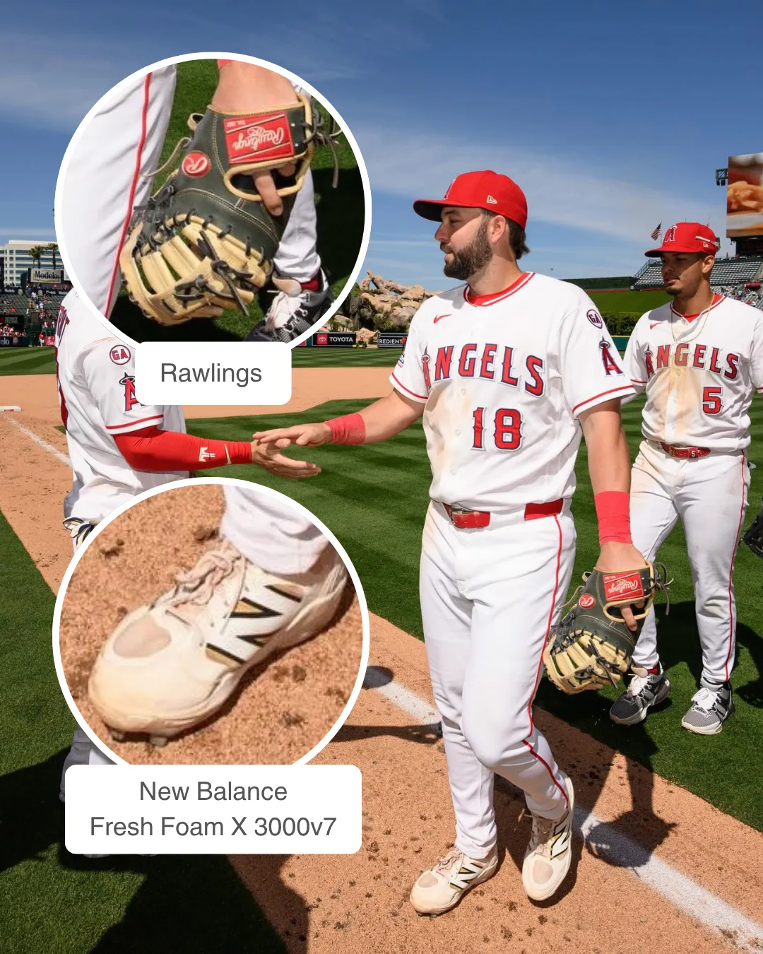 Nolan Schanuel showcasing his Rawlings glove and New Balance cleats