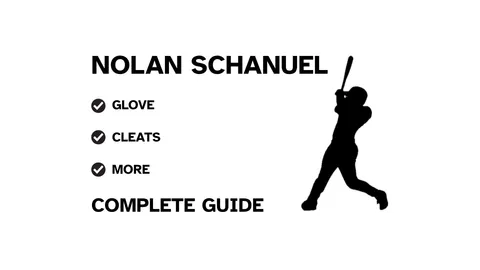 A graphic for the complete guide to Nolan Schanuel's baseball gear, featuring his name, a silhouette of him batting, and a checklist including his glove and cleats.