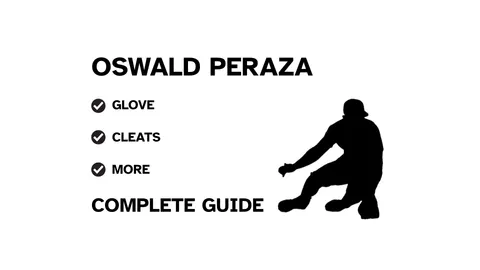 A graphic for the complete guide to Oswald Peraza's baseball gear, featuring his name, a silhouette of him batting, and a checklist including his glove and cleats.