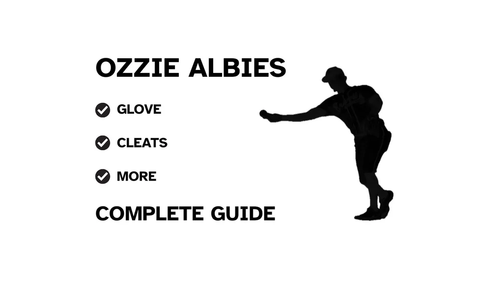 A graphic for the complete guide to Ozzie Albies's baseball gear, featuring his name, a silhouette of him batting, and a checklist including his glove and cleats.