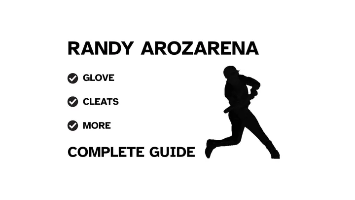 A graphic for the complete guide to Randy Arozarena's baseball gear, featuring his name, a silhouette of him batting, and a checklist including his glove and cleats.