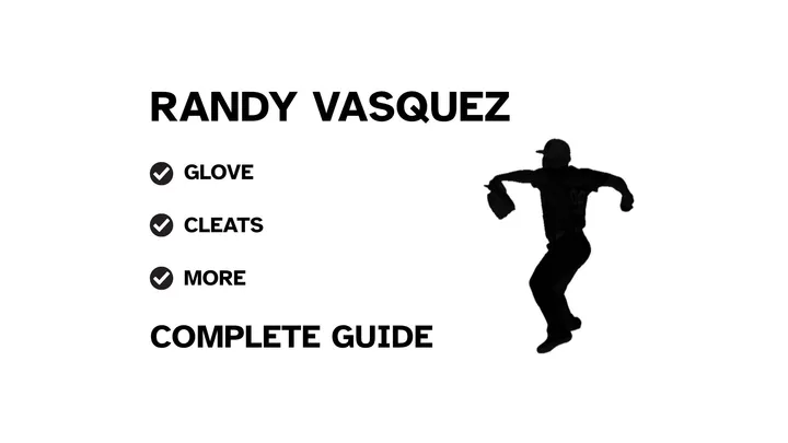 A graphic for the complete guide to Randy Vasquez's baseball gear, featuring his name, a silhouette of him pitching, and a checklist including his glove and cleats.