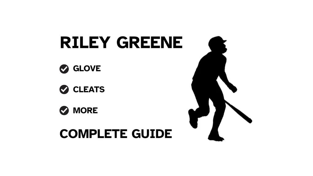 A graphic for the complete guide to Riley Greene's baseball gear, featuring his name, a silhouette of him batting, and a checklist including his glove and cleats.