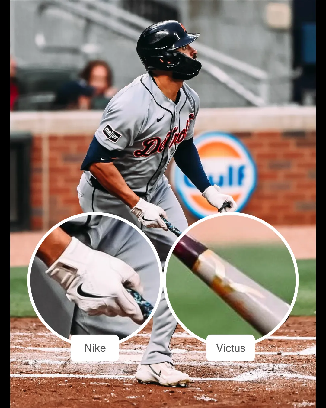 Riley Greene showcasing his Victus Bat and Nike Batting gloves